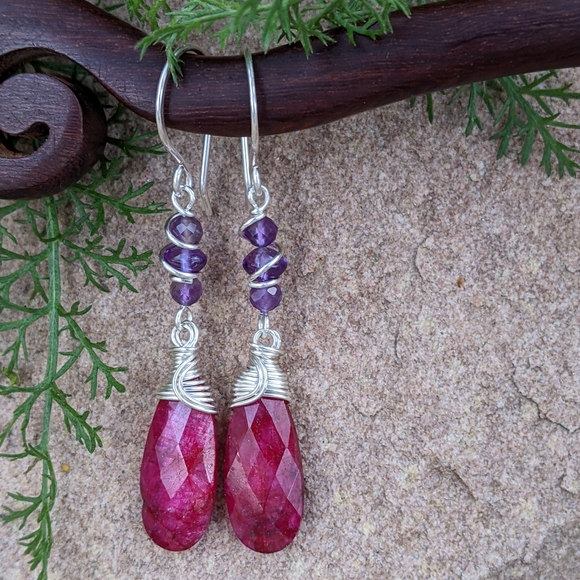 Artisan Ruby Earrings Sterling Silver With Amethyst Gemstones - Picture 12 of 12